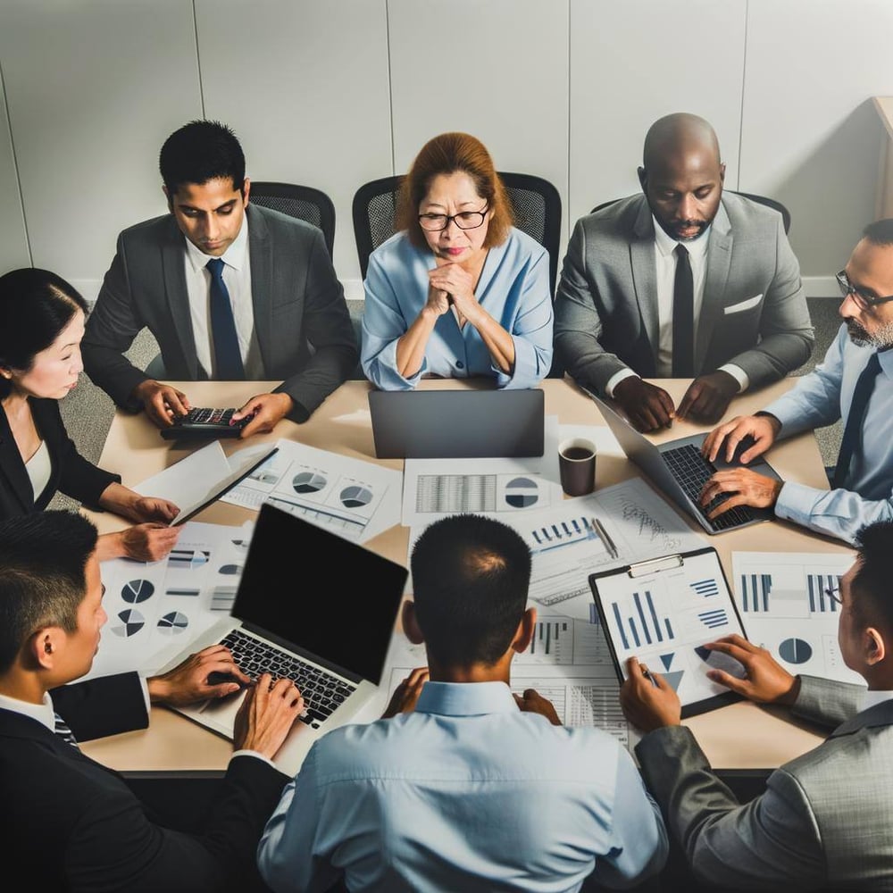 A digital image of a group of a due diligence team analysing a company.