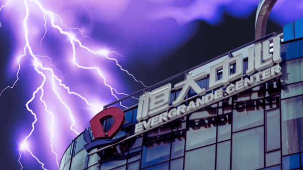 A lightning storm rages over the Evergrande Center building.
