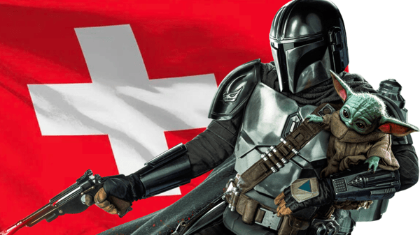 Image of the Mandalorian and Grogu flying in front of a Swiss flag