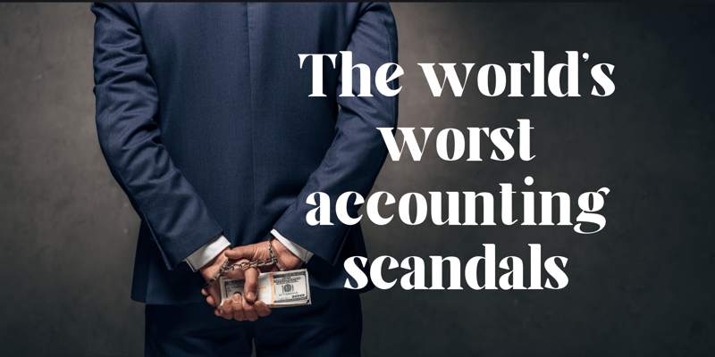 An image of a business man handcuffed from behind clutching cash in a visualization of the world's worst accounting scandals.