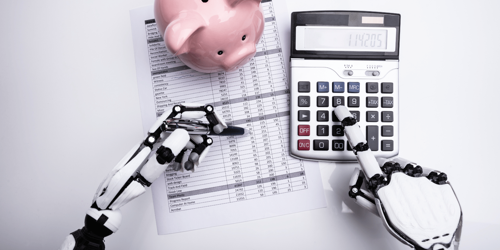 A robot filling in numbers on a form while entering digits on a calculator in a visualization of AI in accounting.