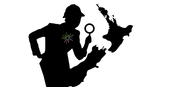Silhouette of a detective with a magnifying glass hovering over a map of New Zealand.