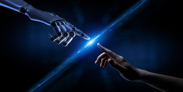 A robot hand making contact with a human hand in a visualisation of artificial intelligence (AI)